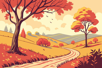 138 beautiful autumn landscape, colorful fall foliage trees, rolling hills, dirt path, scenic nature, vibrant warm colors, watercolor painting style, detailed landscape composition, serene and peacefu