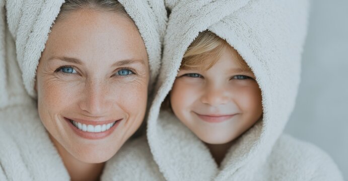 A home spa day brings a mother and daughter closer as they wash their faces, apply face masks, and use lotions together in the bathroom as part of their morning skincare routine