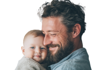 Joyful father with a beard lovingly holding baby in a close family moment Isolated on transparent Background