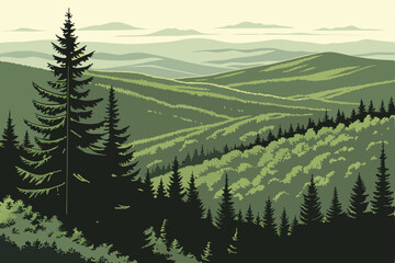 Fototapeta premium 139 evergreen forest, dense pine trees, lush green vegetation, rolling hills, aerial view of canadian landscape, stunning natural scenery, detailed landscape, dramatic lighting, photorealistic, ultra 