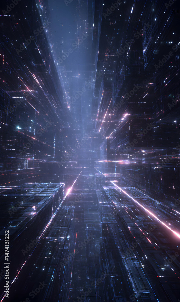 Poster futuristic cityscape perspective view with glowing lines and geometric shapes abstract design