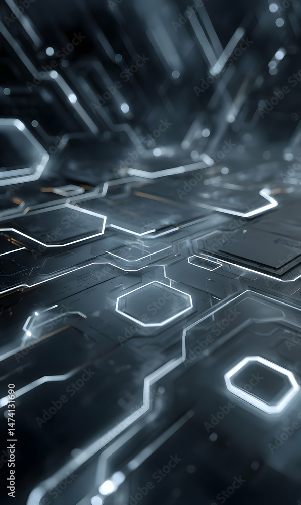 Poster futuristic technology background with glowing circuits and geometric shapes design