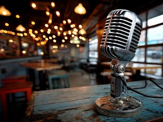 Retro microphone on rustic bar table, warm ambiance