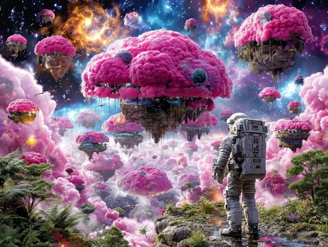 The top of the mountain is inhabited by a person, and an accompanying illustration reveals a person thoroughly engaged in a virtual reality game, featuring imaginary creatures and otherworldly