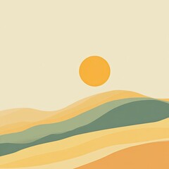 Minimalist landscape with soft hills and sun