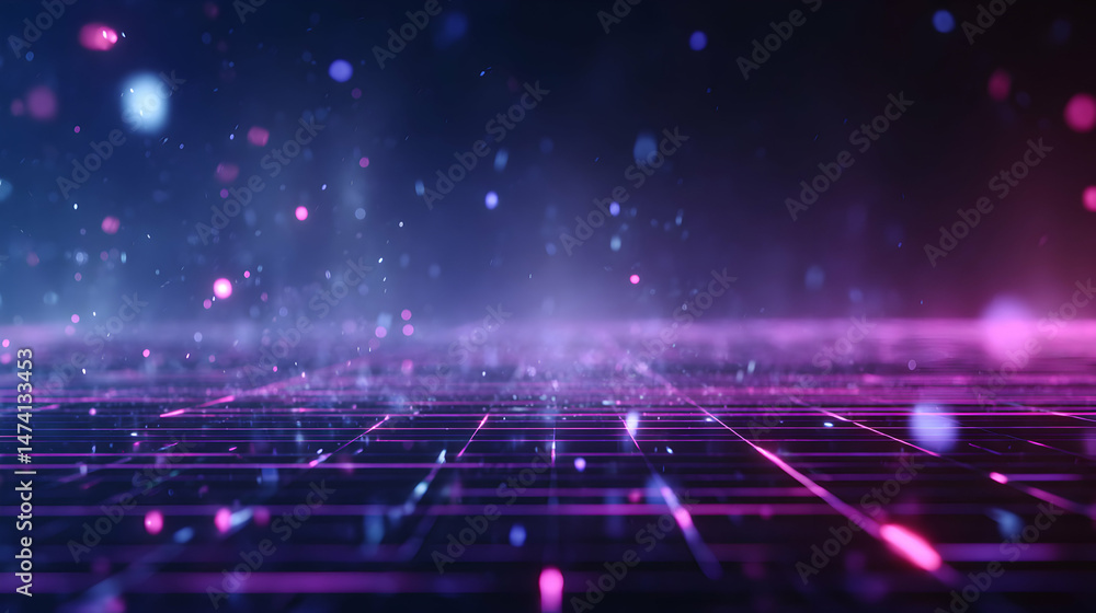 Poster abstract technological background with glowing neon grid and blurry particles for digital design