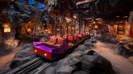 Fototapeta premium Enchanted mine train ride through dark caverns