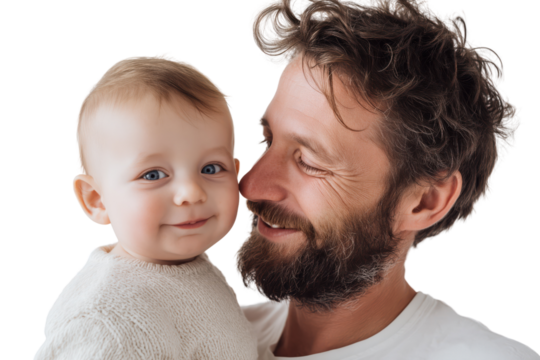 Bearded dad smiling while embracing his baby in a heartfelt parenting scene Isolated on transparent Background