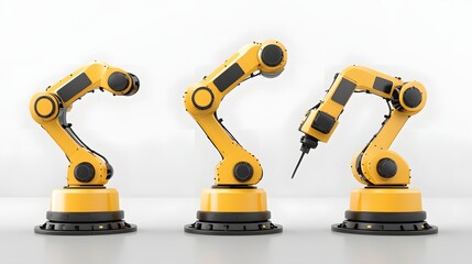 Industrial robot arms in various operational positions.