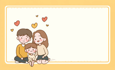 Fototapeta premium A cheerful family of three is sitting together, expressing joy while posing behind a blank banner. The scene captures their warm smiles and affection for each other.