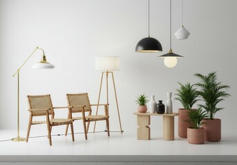 Bright interior with two wicker chairs, floor lamps, hanging pendant lights, and potted plants against a white wall