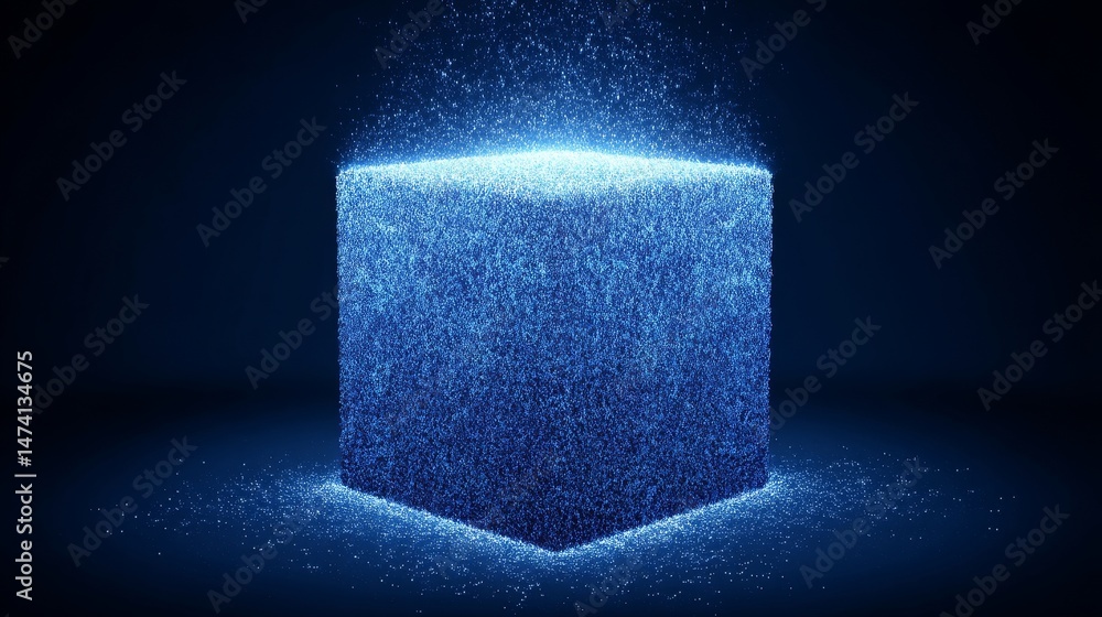 Poster Binary code is shown on a 3d rendering of a cube set against a blue background