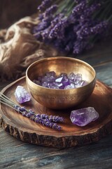 Fototapeta premium Amethyst crystals in bowl with lavender