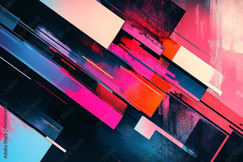 Poster . • bold abstract art style with layered geometric shapes and vibrant color blocks