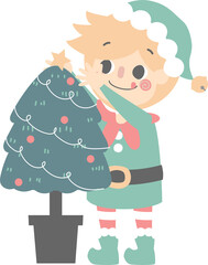 merry christmas and happy new year with cute little elf dwarf and Christmas tree, star, flat png illustration cartoon character costume design