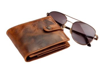 Father's Day gift set with stylish leather wallet and sunglasses arranged elegantly Isolated on transparent Background