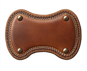 Tan leather tag,  ornamental,  with stitched edges and rivets