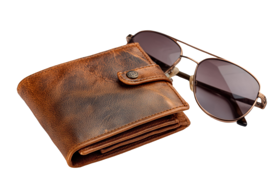 Father's Day gift set with stylish leather wallet and sunglasses arranged elegantly Isolated on transparent Background