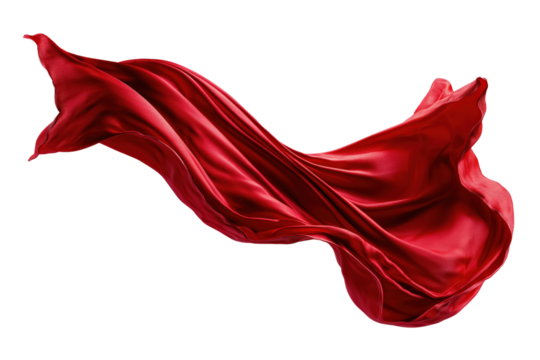 Satin red textile mid-air with flowing natural curves and soft sheen Isolated on transparent Background