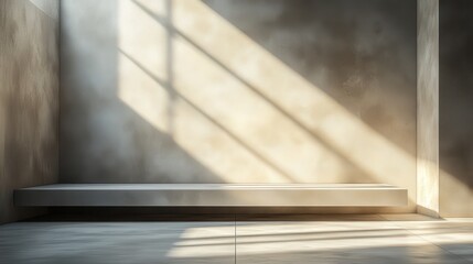 Empty concrete shelf in a minimalist room, sunlight streams through windows