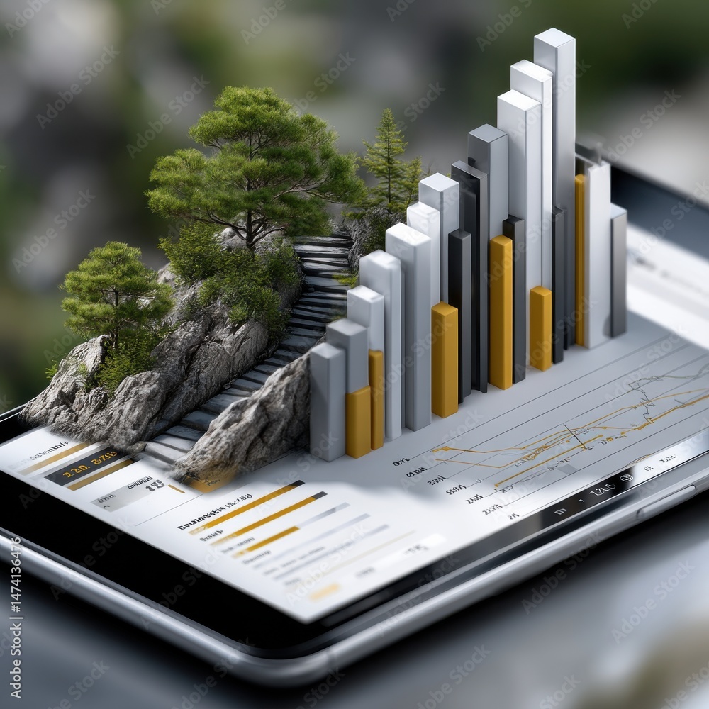 Aufkleber a tablet shows a graph of a tree growing on a mountain