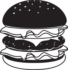 Delicious Double Cheeseburger Vector Simple Black and White Line Art of a Classic Burger for Food Illustrations
