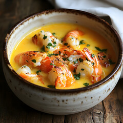 Shrimp in creamy sauce with herbs served in rustic bowl on wooden table