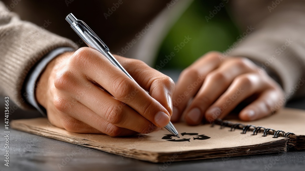Poster a person is writing in a notebook with a pen