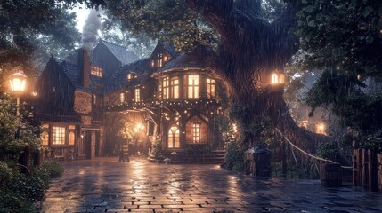 Enchanting, mystical, old-world inn nestled under a giant tree at night
