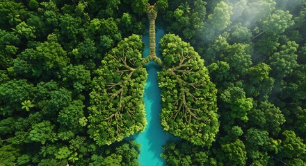 Aerial View of Lush Rainforest Forming the Shape of Human Lungs, Concept of Environmental Conservation and Clean Air