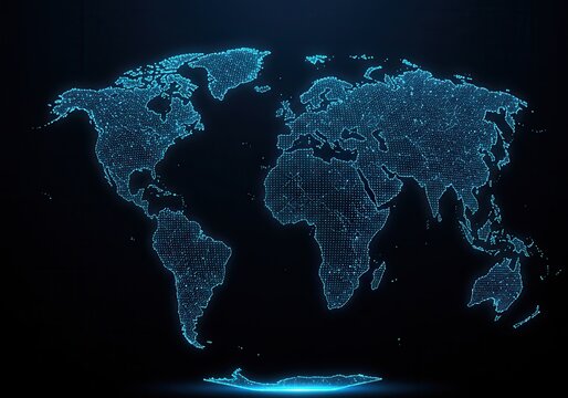Fototapeta Glowing world map rendered with blue dots against a dark background showing continents and antarctica