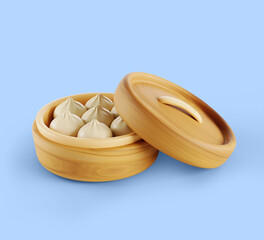 Chinese breakfast food baozi 3d render icon. Vietnamese bun bao or steamed bread, lunch meal. Asian snack stuffed with meat, vegetable and egg cooked in bamboo steamer with open cap. 3D illustration