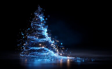 A futuristic depiction of a radiant digital Christmas tree encircled by a web of blue lights in a dark setting