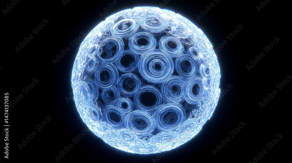 Poster a futuristic sphere comprised of dots, set against an abstract background of particles, evokes a sen