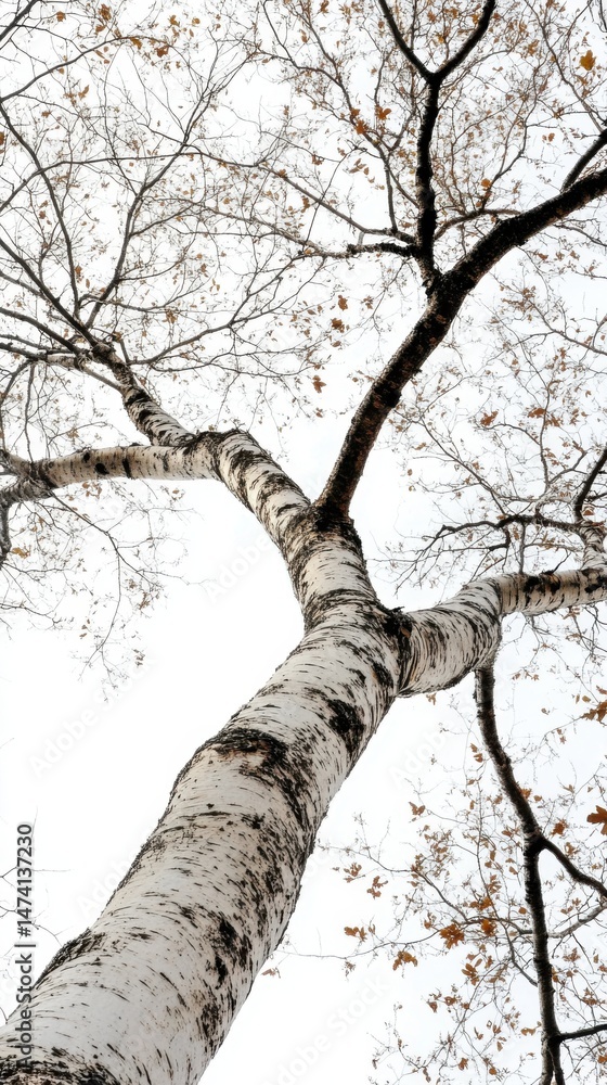 Poster upward view of a striking birch tree with bare branches against a bright sky in autumnal setting
