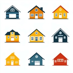 Colorful collection of house illustrations showcasing diverse architectural styles and designs in a grid layout