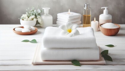 Stack of white spa towels with frangipani flower, candles, soap, salt, and skincare bottles on wooden surface in wellness setting