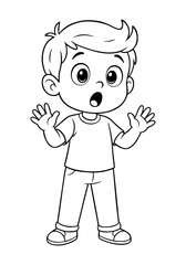 Cartoon boy character with surprised expression and raised hands in black and white line art