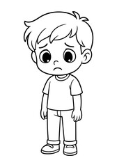 Cartoon boy character looking sad with slouched posture and downcast eyes in black and white line art