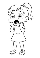 Cartoon girl character showing a scared expression with wide eyes and hands on face in black and white line art