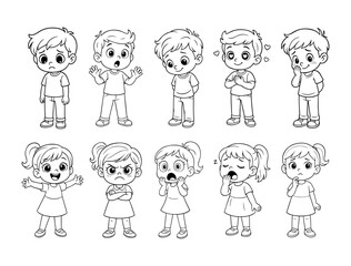 Kids Emotions Line Art Set. Collection of cartoon boy and girl characters expressing various emotions like sadness, surprise, love, anger, fear, and happiness in black and white line art vector