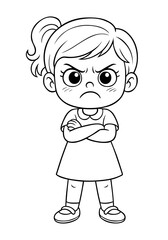 Cartoon girl character showing angry expression with crossed arms in black and white line art
