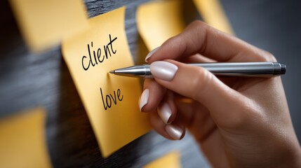 A woman is writing the word "client" on a yellow sticky note with a pen