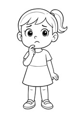 Cartoon girl character looking confused with hand on chin in black and white line art style