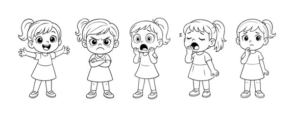 Set of cartoon girl characters expressing different emotions including happy, angry, scared, sleepy, and confused in black and white line art vector