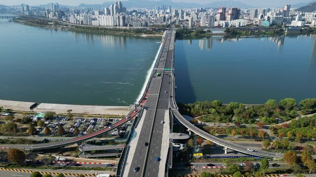Bridge Over Han River with Road and Urban Nature in Seoul

