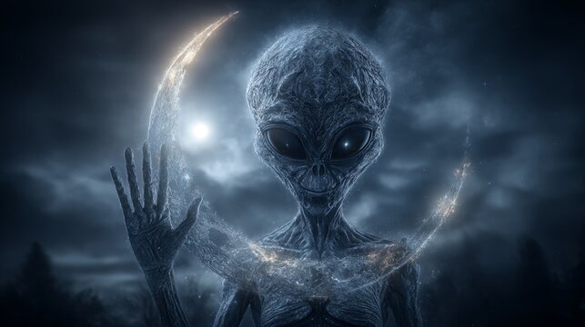 A gray alien is depicted in space waving goodbye, set against a backdrop of dark planets and a sun