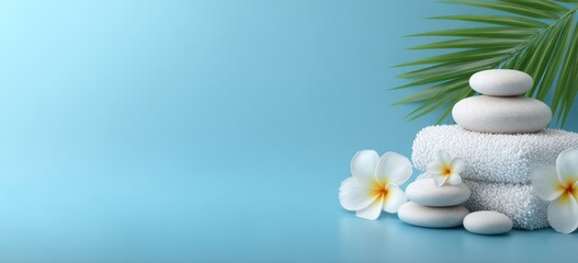 A serene tropical spa atmosphere is depicted with coconuts and palm leaves set against a light blue backdrop, complete with massage treatments and amenities like rolled towels, compress balls, and