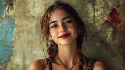 Naklejka premium Portrait of a young woman with freckles smiling against a textured wall in natural light during the late afternoon