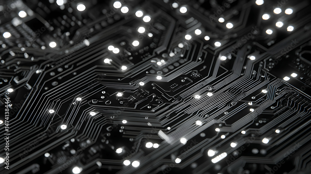 Poster intricate circuits and glowing nodes create a captivating technological landscape view
